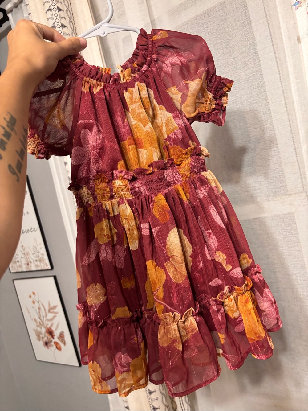 Rachel Parcell Girls Burgundy Floral Ruffle Dress
